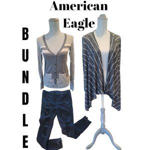 Bundle American Eagle Black Wash Distressed Jeggings Sweater and Cardigan